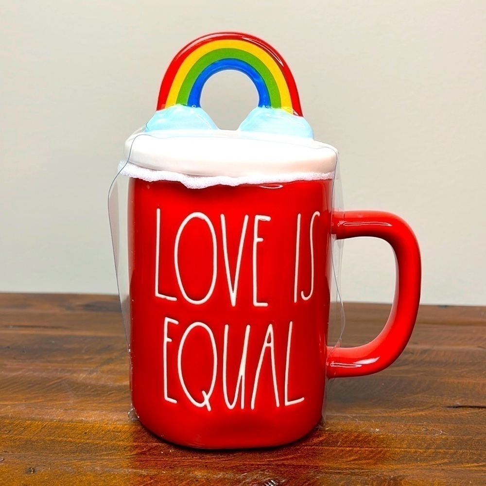 Rae Dunn Love is Equal Mug Red Rainbow Topper Large